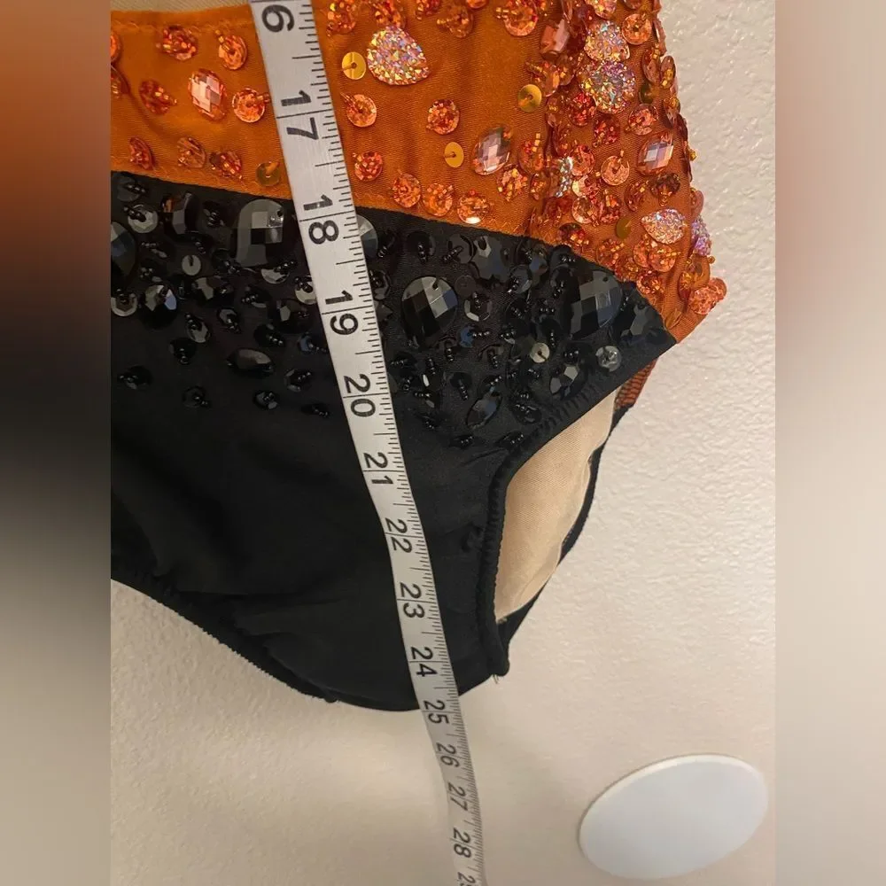 Glamour solo dance costume orange black one sleeve rhinestones MA medium adult